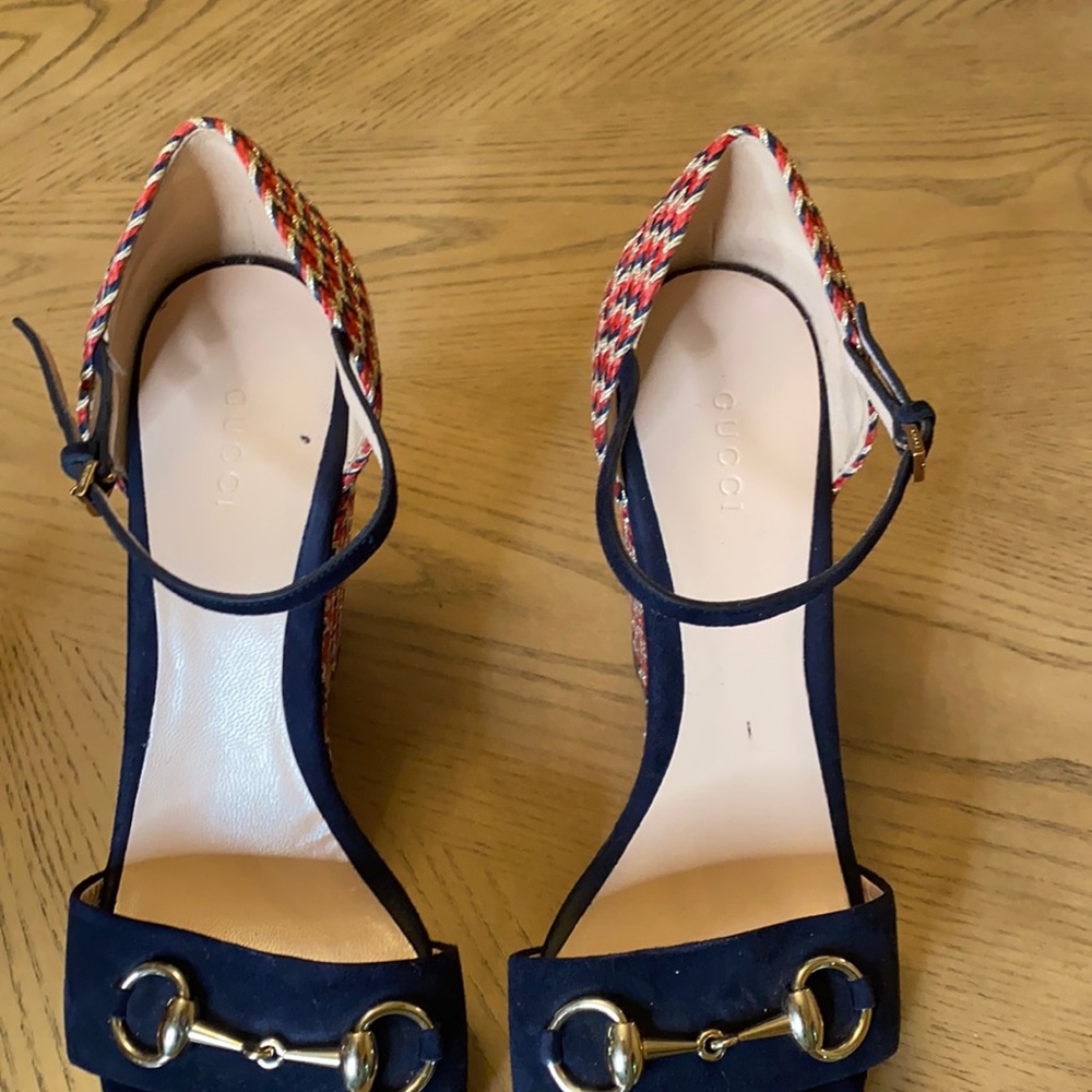 ❤️ Authentic Gucci Blue Suede Horsebit Espadrille Wedge Heels - Picture 4 of 11